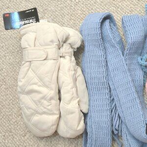 NEW White Glove White Mitten & Blue Scarf Wrap